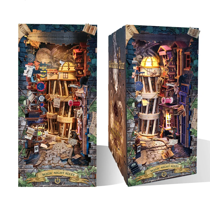 Book Nook Shelf Insert Alley Diy - Kit Rak Buku Miniatur Kayu Buatan