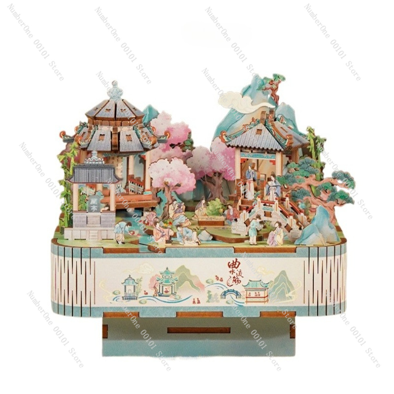 Music Box Wooden 3D Puzzle Rotating - Kotak Musik Aliran Melengkung Kayu 3D