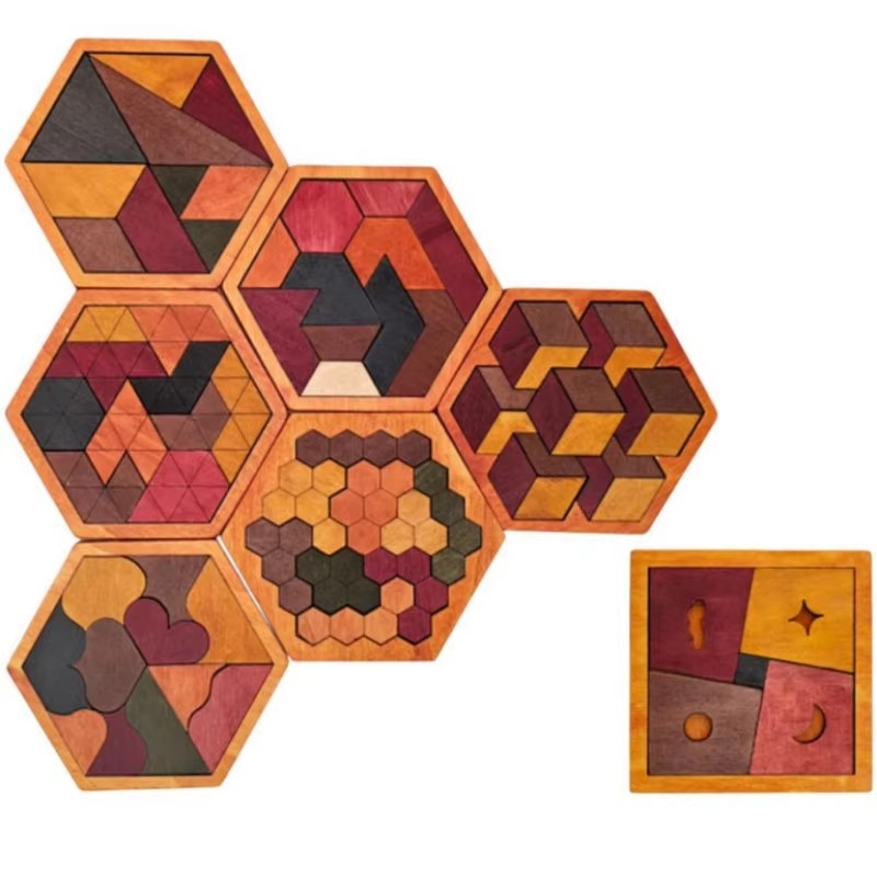 3D Wooden Mechanical Puzzle Marble Run - Puzzle Tangram Heksagonal Kayu, Balok Pola