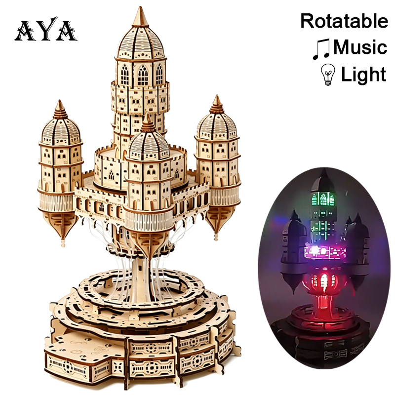 Music Box Wooden 3D Puzzle Rotating - Kastil Kota di Langit Puzzle Kayu